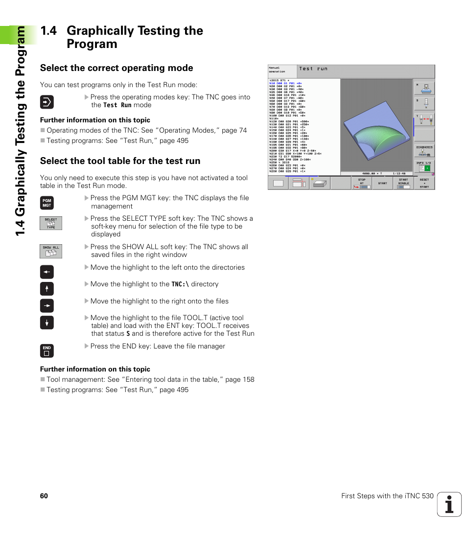 4 graphically testing the program, Select the correct operating mode, Select the tool table for the test run | HEIDENHAIN iTNC 530 (340 49x-05) ISO programming User Manual | Page 60 / 606