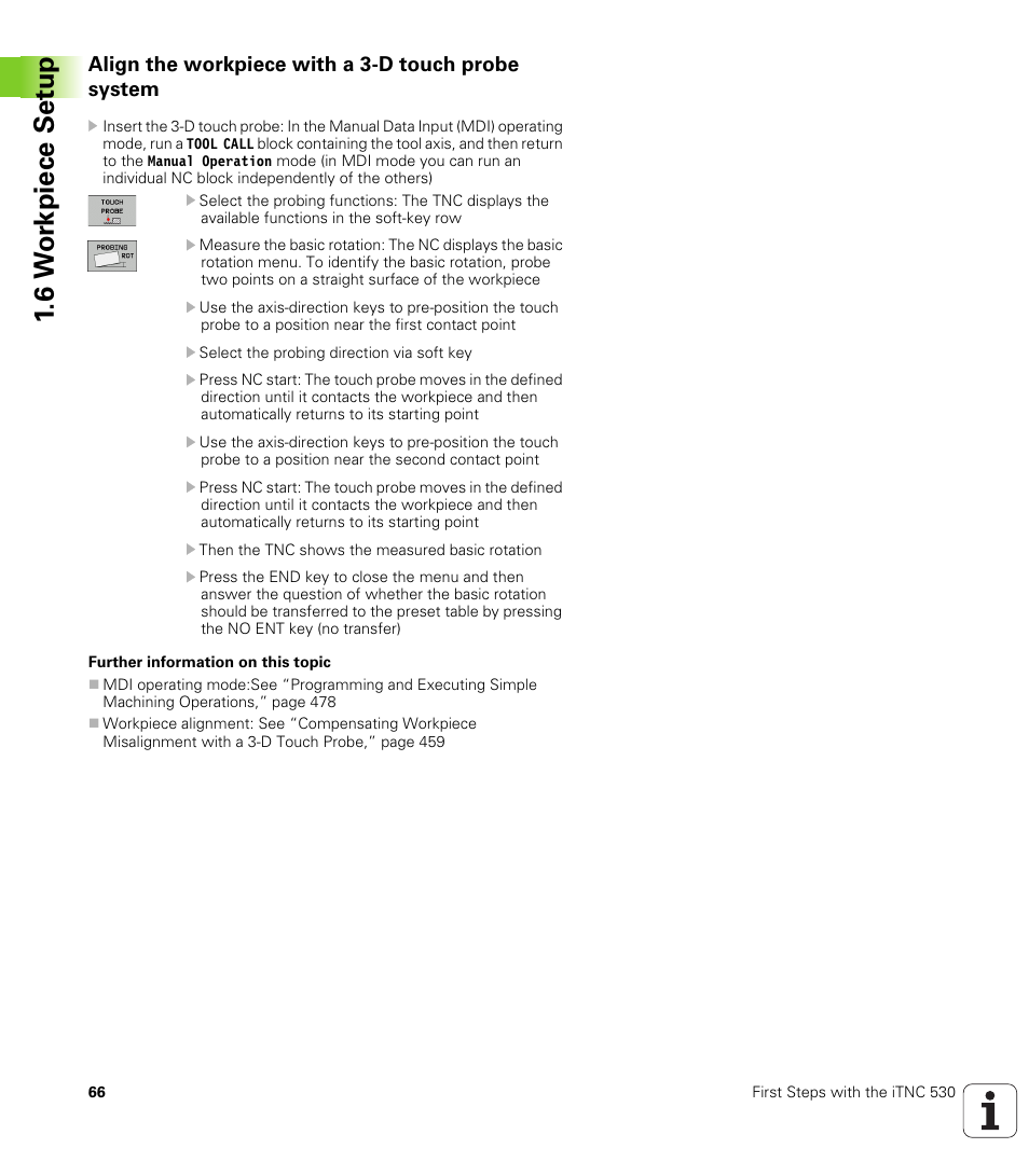 Align the workpiece with a 3-d touch probe system, 6 w o rk piece set u p | HEIDENHAIN iTNC 530 (340 49x-05) ISO programming User Manual | Page 66 / 606