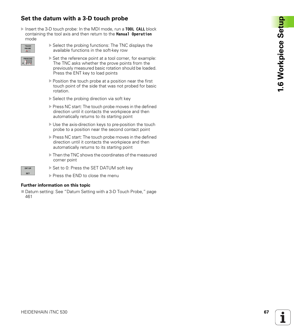 Set the datum with a 3-d touch probe, 6 w o rk piece set u p | HEIDENHAIN iTNC 530 (340 49x-05) ISO programming User Manual | Page 67 / 606