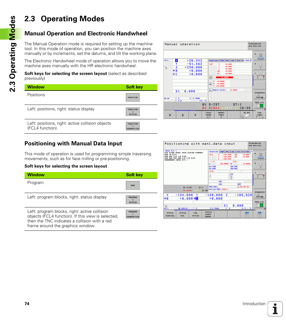 3 operating modes, Manual operation and electronic handwheel, Positioning with manual data input | 3 oper ating modes 2.3 operating modes | HEIDENHAIN iTNC 530 (340 49x-05) ISO programming User Manual | Page 74 / 606