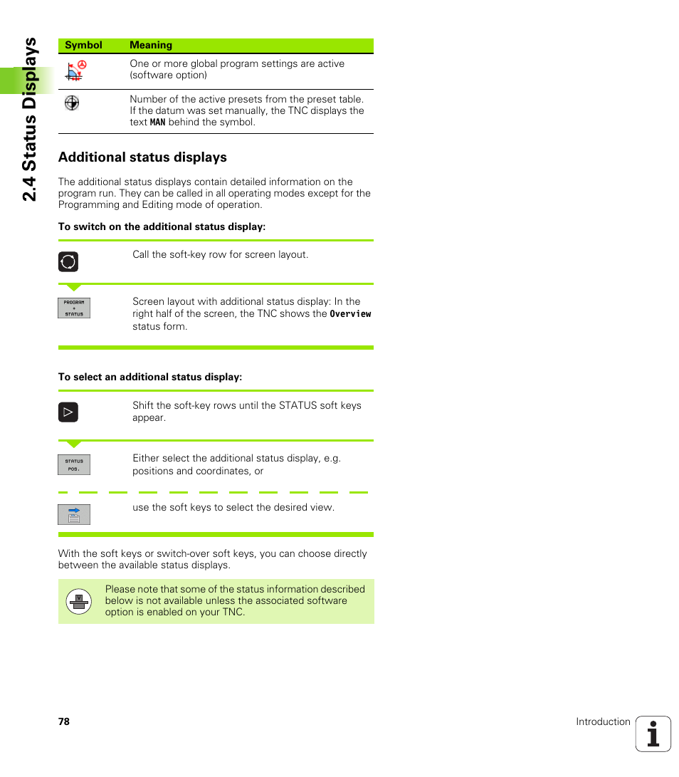 Additional status displays, 4 stat us displa ys | HEIDENHAIN iTNC 530 (340 49x-05) ISO programming User Manual | Page 78 / 606