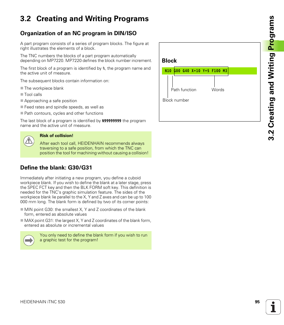 2 creating and writing programs, Organization of an nc program in din/iso, Define the blank: g30/g31 | HEIDENHAIN iTNC 530 (340 49x-05) ISO programming User Manual | Page 95 / 606