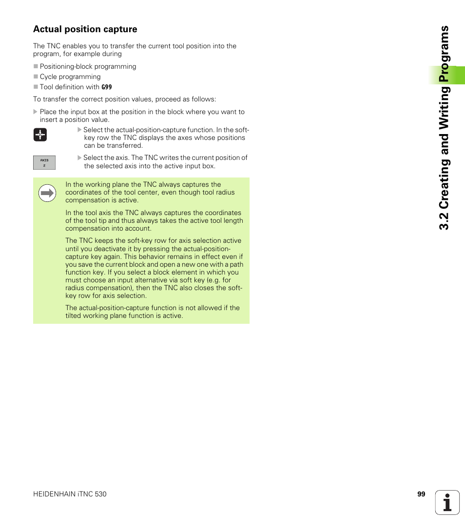 Actual position capture, 2 cr eating and w riting pr ogr a ms | HEIDENHAIN iTNC 530 (340 49x-05) ISO programming User Manual | Page 99 / 606