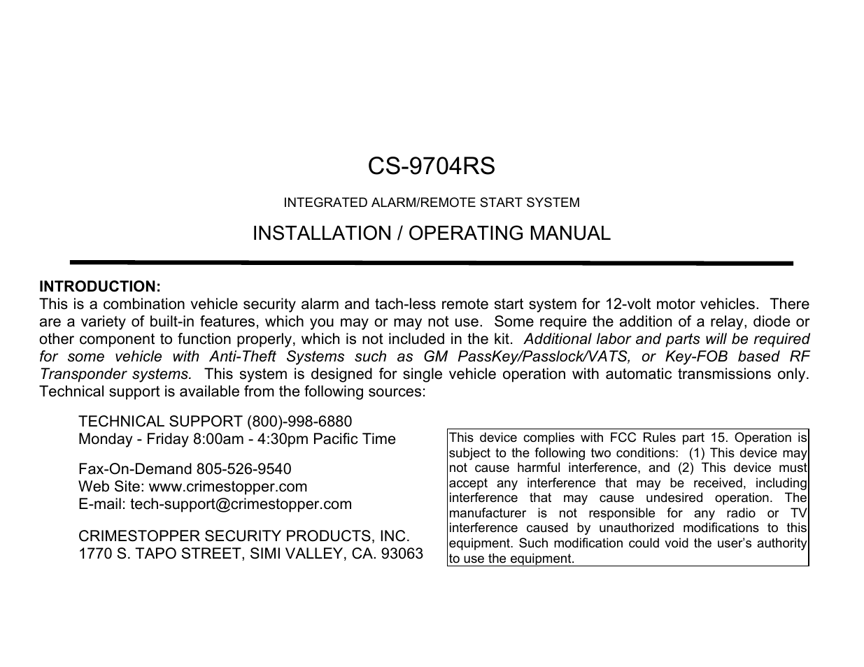 Crimestopper Security Products CS-9704 User Manual | 12 pages