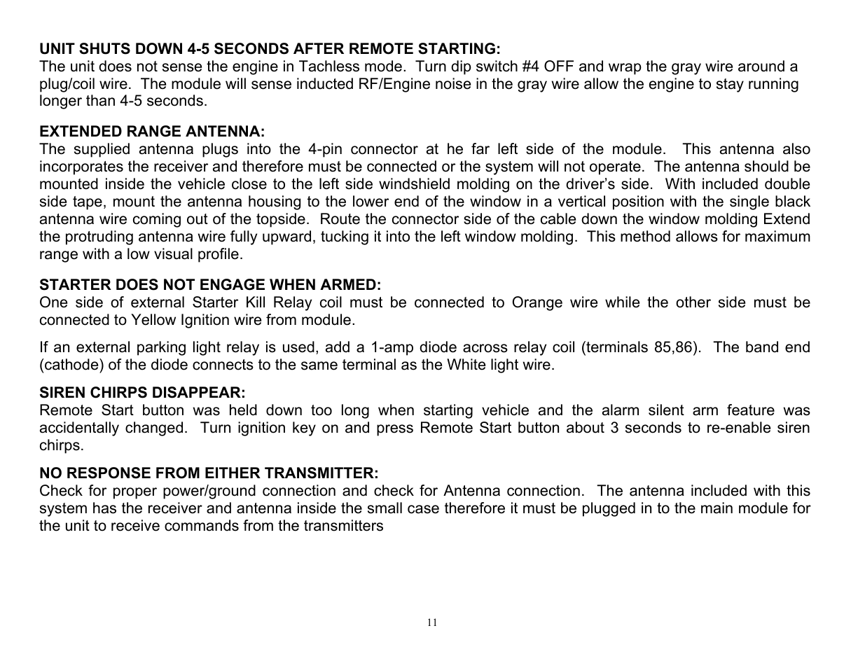 Unit shuts down 4-5 seconds after remote starting, Starter does not engage when armed, Siren chirps disappear | Crimestopper Security Products CS-9704 User Manual | Page 11 / 12