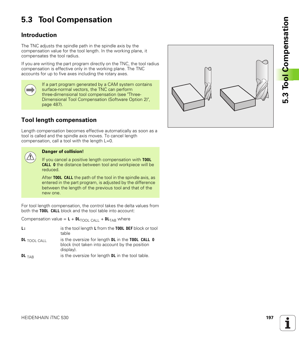 3 tool compensation, Introduction, Tool length compensation | 3 t ool compensation 5.3 tool compensation | HEIDENHAIN iTNC 530 (340 49x-06) User Manual | Page 197 / 713
