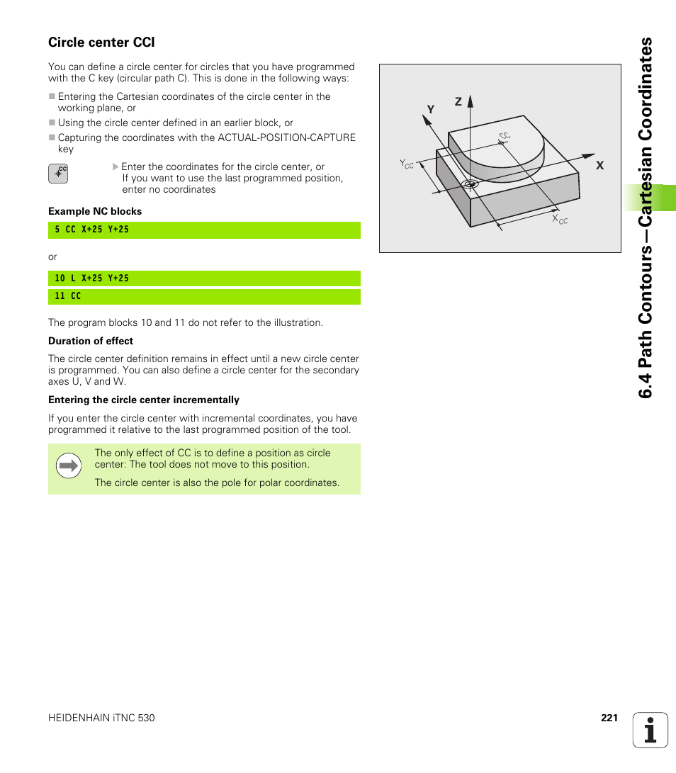 Circle center cci, 4 p a th cont ours—car te sian coor dinat e s | HEIDENHAIN iTNC 530 (340 49x-06) User Manual | Page 221 / 713