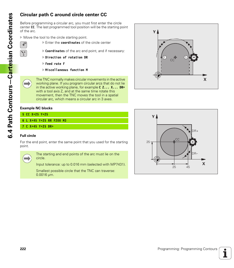Circular path c around circle center cc, 4 p a th cont ours—car te sian coor dinat e s | HEIDENHAIN iTNC 530 (340 49x-06) User Manual | Page 222 / 713