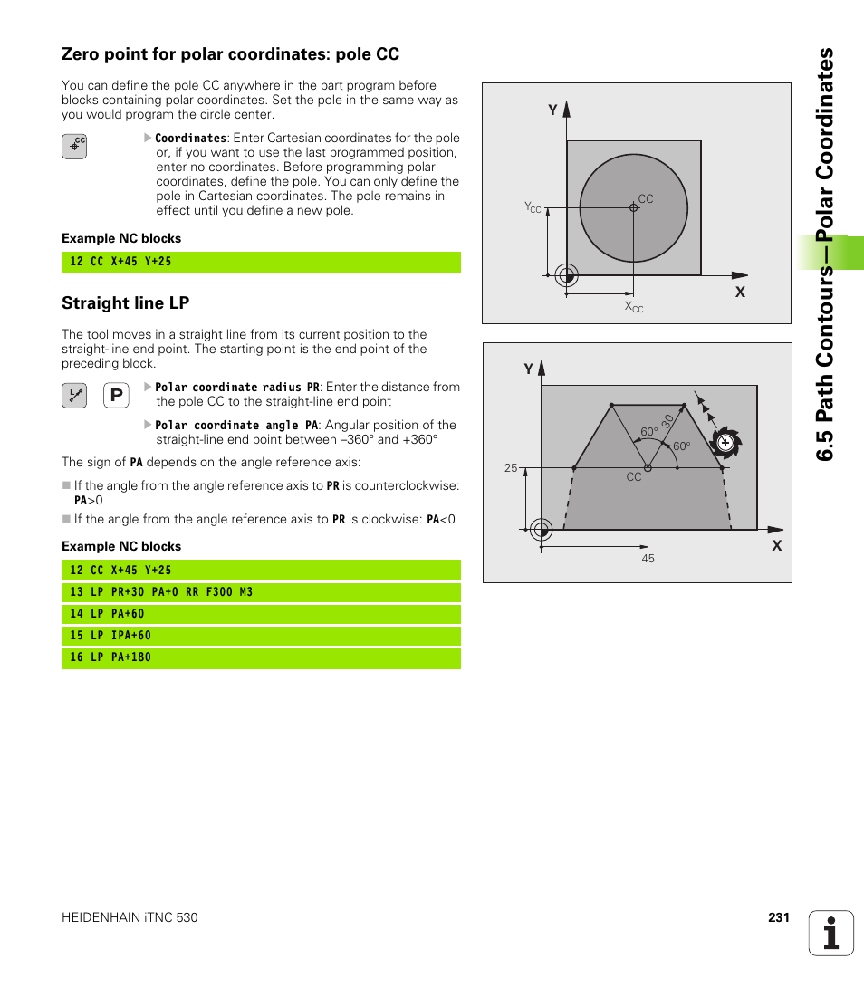 Zero point for polar coordinates: pole cc, Straight line lp, 5 p a th cont ours—p o lar coor dinat e s | HEIDENHAIN iTNC 530 (340 49x-06) User Manual | Page 231 / 713