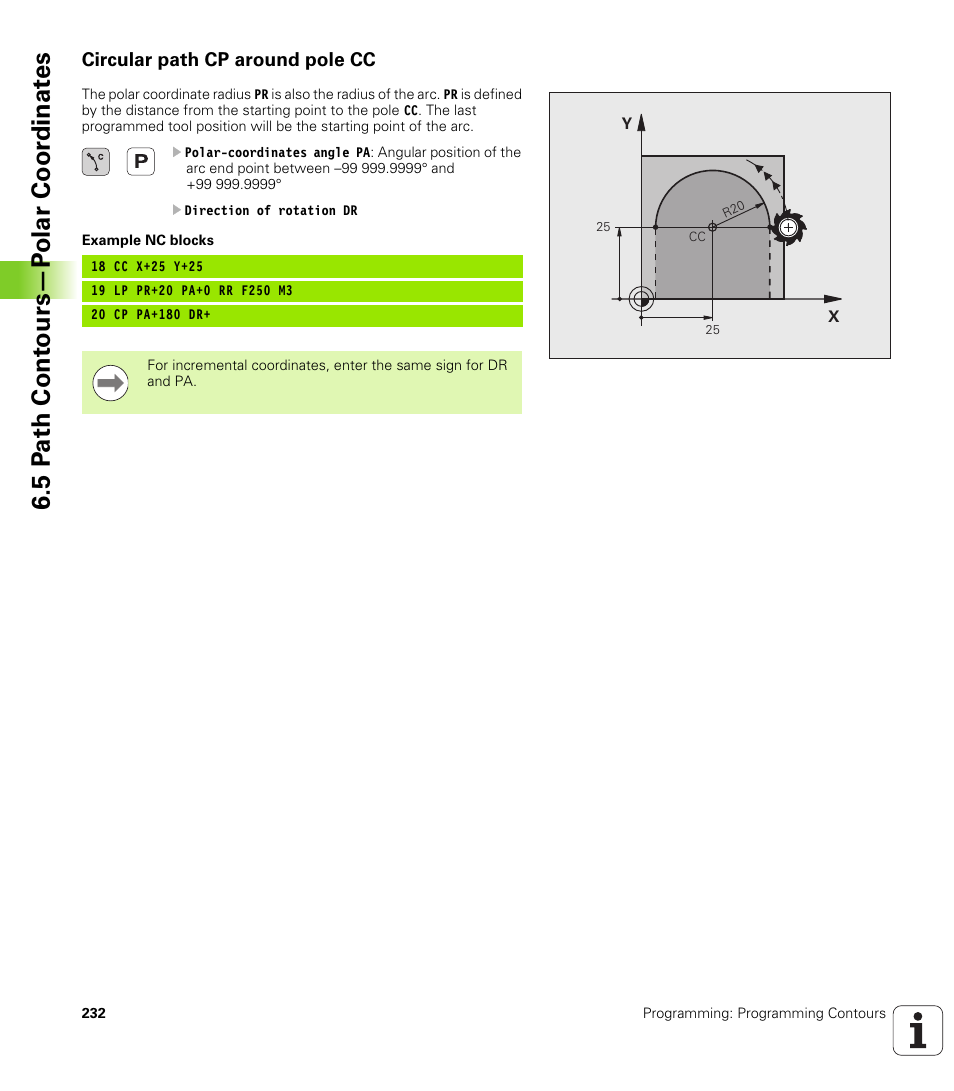 Circular path cp around pole cc, 5 p a th cont ours—p o lar coor dinat e s | HEIDENHAIN iTNC 530 (340 49x-06) User Manual | Page 232 / 713