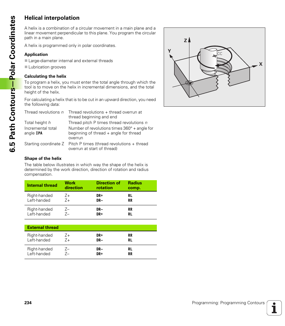 Helical interpolation, 5 p a th cont ours—p o lar coor dinat e s | HEIDENHAIN iTNC 530 (340 49x-06) User Manual | Page 234 / 713