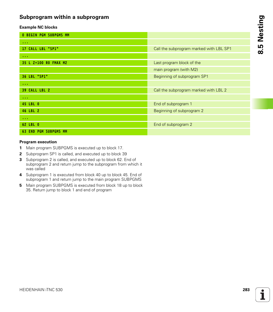 Subprogram within a subprogram, 5 nesting | HEIDENHAIN iTNC 530 (340 49x-06) User Manual | Page 283 / 713