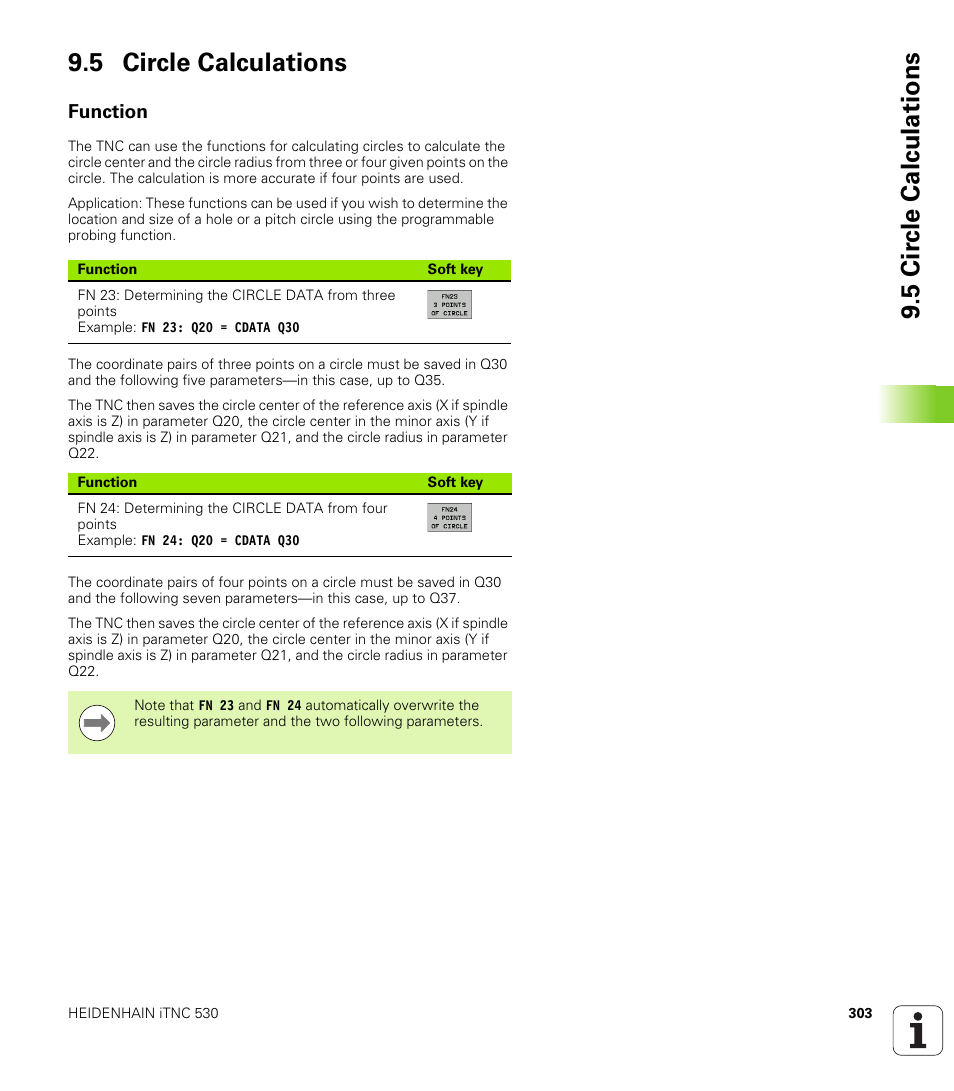 5 circle calculations, Function, 5 cir c le calculations 9.5 circle calculations | HEIDENHAIN iTNC 530 (340 49x-06) User Manual | Page 303 / 713