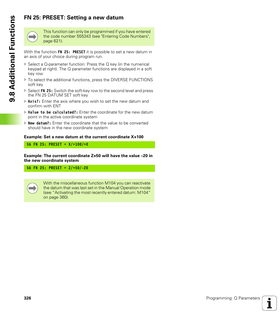 Fn 25: preset: setting a new datum, 8 a d ditional f unctions | HEIDENHAIN iTNC 530 (340 49x-06) User Manual | Page 326 / 713