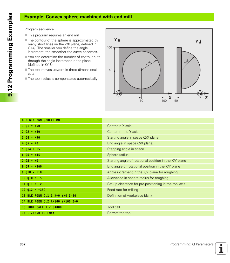12 pr ogr amming examples, Example: convex sphere machined with end mill | HEIDENHAIN iTNC 530 (340 49x-06) User Manual | Page 352 / 713