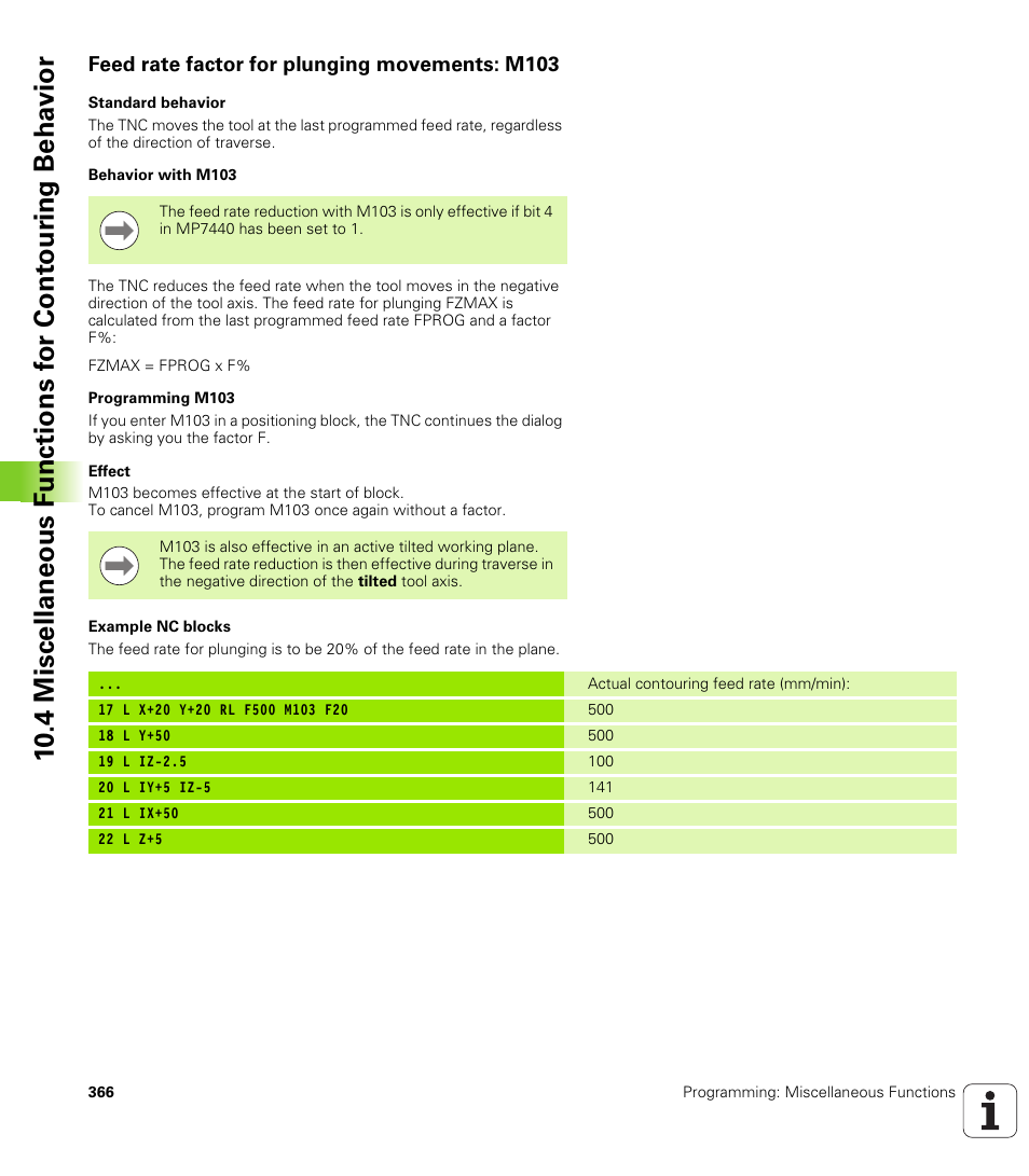 Feed rate factor for plunging movements: m103 | HEIDENHAIN iTNC 530 (340 49x-06) User Manual | Page 366 / 713