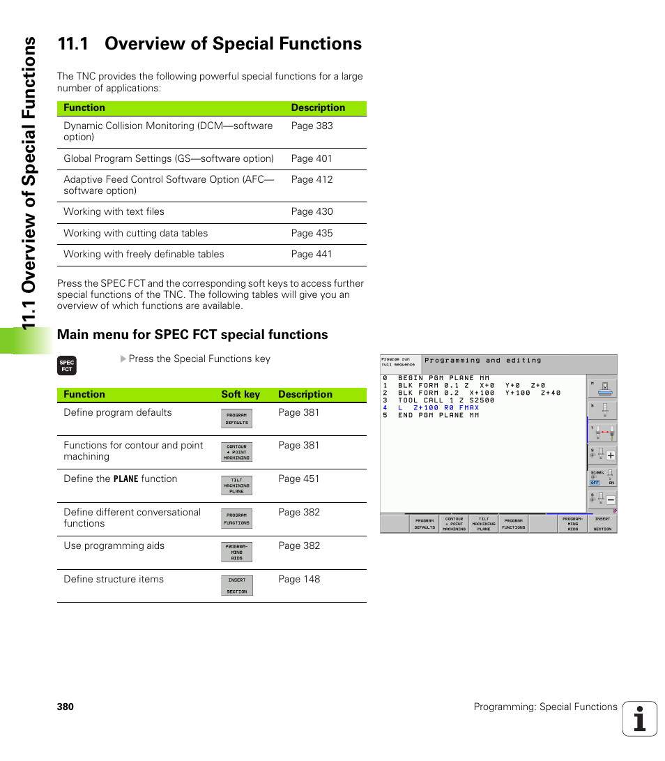 1 overview of special functions, Main menu for spec fct special functions | HEIDENHAIN iTNC 530 (340 49x-06) User Manual | Page 380 / 713