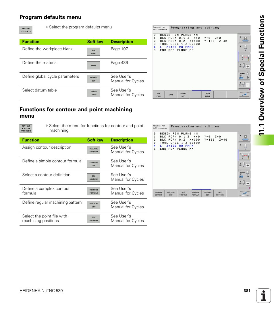 Program defaults menu, Functions for contour and point machining menu, 1 ov erview of special f unctions | HEIDENHAIN iTNC 530 (340 49x-06) User Manual | Page 381 / 713