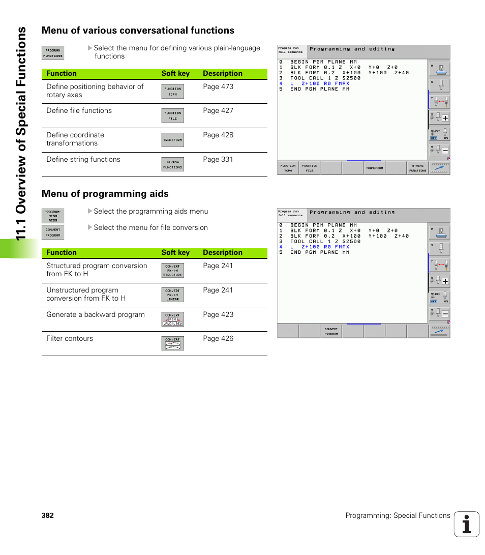 Menu of various conversational functions, Menu of programming aids, 1 ov erview of special f unctions | HEIDENHAIN iTNC 530 (340 49x-06) User Manual | Page 382 / 713