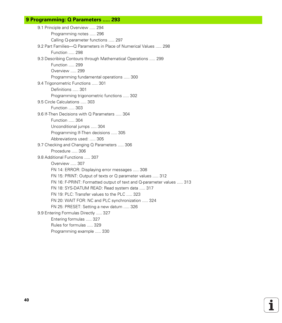 9 programming: q parameters | HEIDENHAIN iTNC 530 (340 49x-06) User Manual | Page 40 / 713