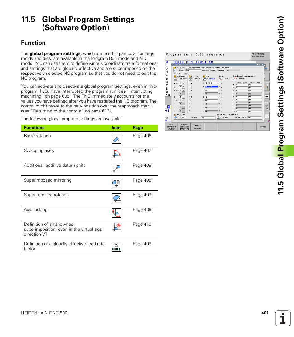 5 global program settings (software option), Function | HEIDENHAIN iTNC 530 (340 49x-06) User Manual | Page 401 / 713