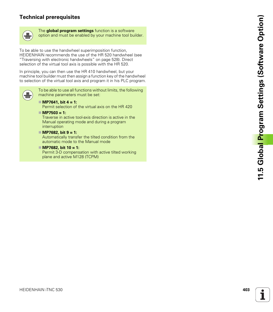 Technical prerequisites, 5 global pr ogr a m set tings (sof tw ar e option) | HEIDENHAIN iTNC 530 (340 49x-06) User Manual | Page 403 / 713