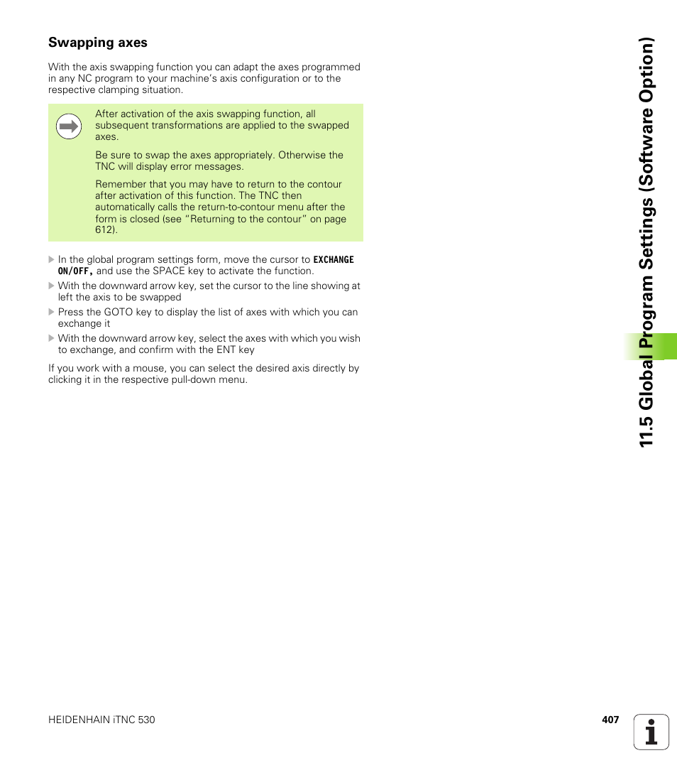 Swapping axes, 5 global pr ogr a m set tings (sof tw ar e option) | HEIDENHAIN iTNC 530 (340 49x-06) User Manual | Page 407 / 713