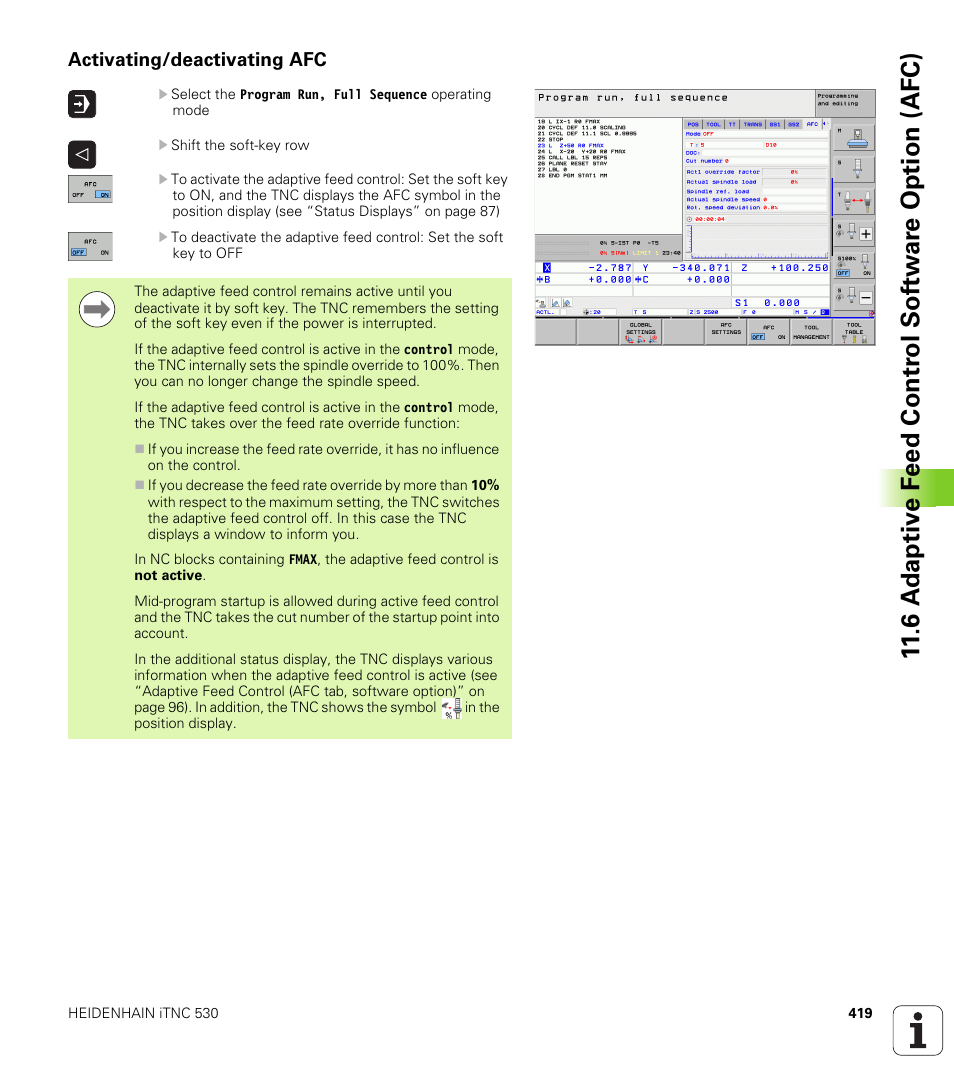 Activating/deactivating afc | HEIDENHAIN iTNC 530 (340 49x-06) User Manual | Page 419 / 713
