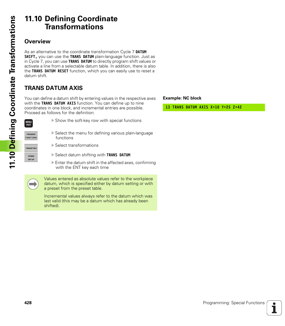 10 defining coordinate transformations, Overview, Trans datum axis | HEIDENHAIN iTNC 530 (340 49x-06) User Manual | Page 428 / 713