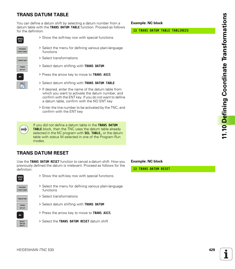 Trans datum table, Trans datum reset, 1 0 defining coor dinat e t ransf or mations | HEIDENHAIN iTNC 530 (340 49x-06) User Manual | Page 429 / 713
