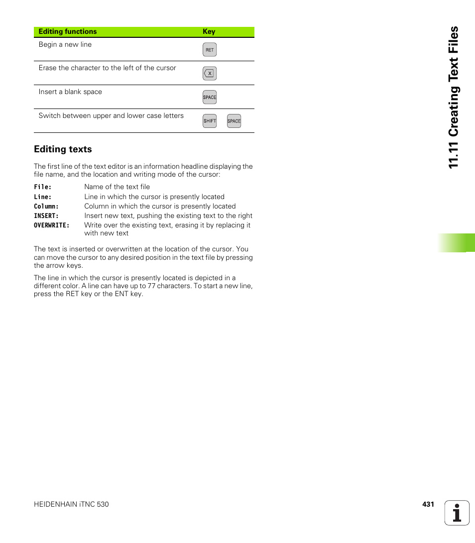 Editing texts, 1 1 cr eating t ext files | HEIDENHAIN iTNC 530 (340 49x-06) User Manual | Page 431 / 713