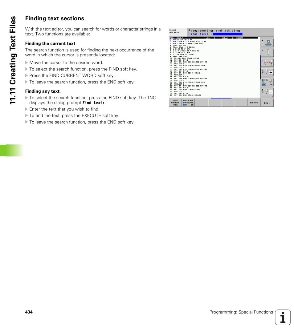 Finding text sections, 1 1 cr eating t ext files | HEIDENHAIN iTNC 530 (340 49x-06) User Manual | Page 434 / 713