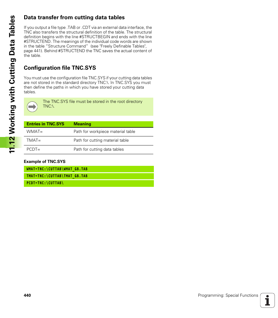 Data transfer from cutting data tables, Configuration file tnc.sys, 12 w o rk ing with cut ting d a ta t a bles | HEIDENHAIN iTNC 530 (340 49x-06) User Manual | Page 440 / 713