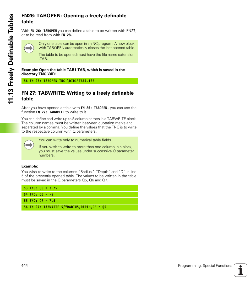 Fn26: tabopen: opening a freely definable table, 13 f reely definable t a bles | HEIDENHAIN iTNC 530 (340 49x-06) User Manual | Page 444 / 713