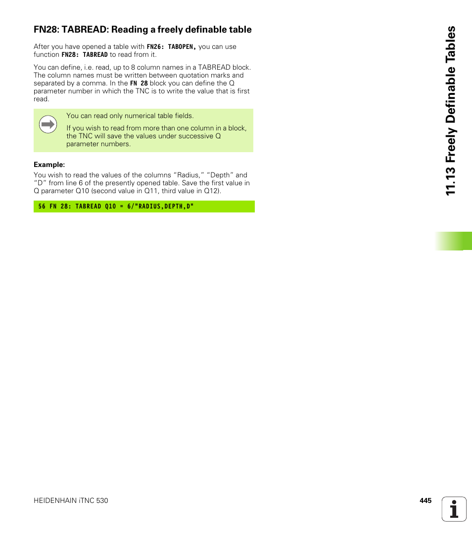 Fn28: tabread: reading a freely definable table, 13 f reely definable t a bles | HEIDENHAIN iTNC 530 (340 49x-06) User Manual | Page 445 / 713