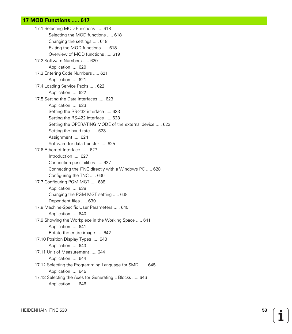 17 mod functions, Mod functions | HEIDENHAIN iTNC 530 (340 49x-06) User Manual | Page 53 / 713