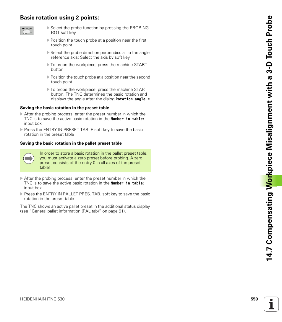 Basic rotation using 2 points | HEIDENHAIN iTNC 530 (340 49x-06) User Manual | Page 559 / 713