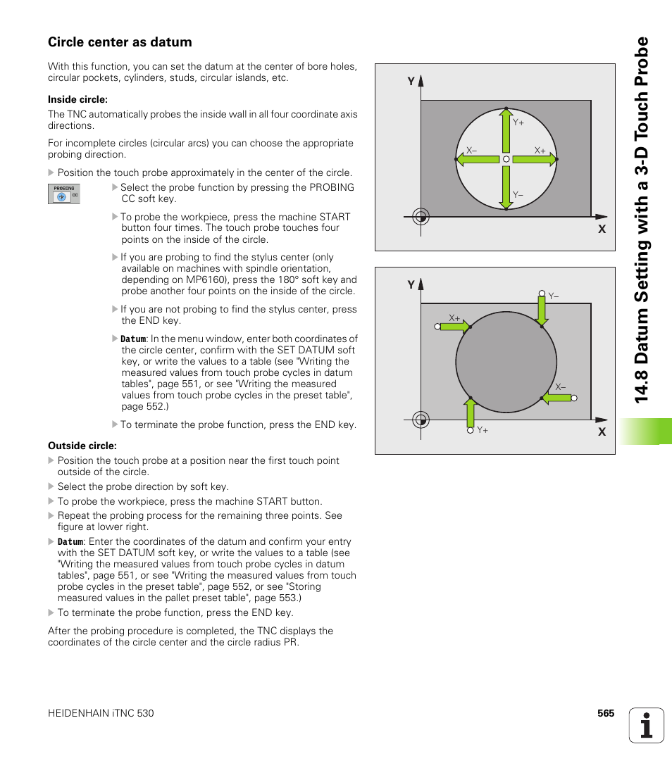 Circle center as datum, 8 d a tu m set ting with a 3-d t o uc h pr obe | HEIDENHAIN iTNC 530 (340 49x-06) User Manual | Page 565 / 713