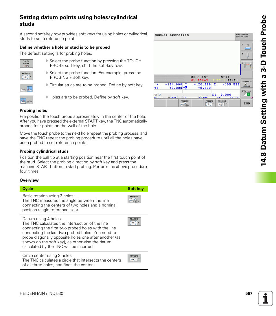 Setting datum points using holes/cylindrical studs, 8 d a tu m set ting with a 3-d t o uc h pr obe | HEIDENHAIN iTNC 530 (340 49x-06) User Manual | Page 567 / 713