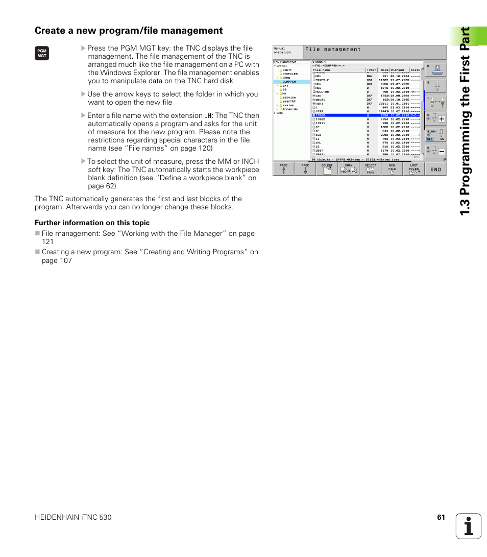 Create a new program/file management, 3 pr ogr amming the first p a rt | HEIDENHAIN iTNC 530 (340 49x-06) User Manual | Page 61 / 713