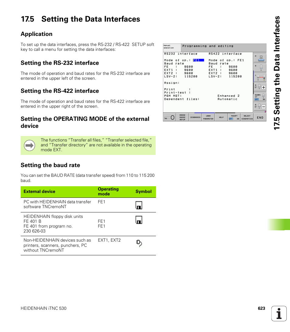 5 setting the data interfaces, Application, Setting the rs-232 interface | Setting the rs-422 interface, Setting the operating mode of the external device, Setting the baud rate | HEIDENHAIN iTNC 530 (340 49x-06) User Manual | Page 623 / 713