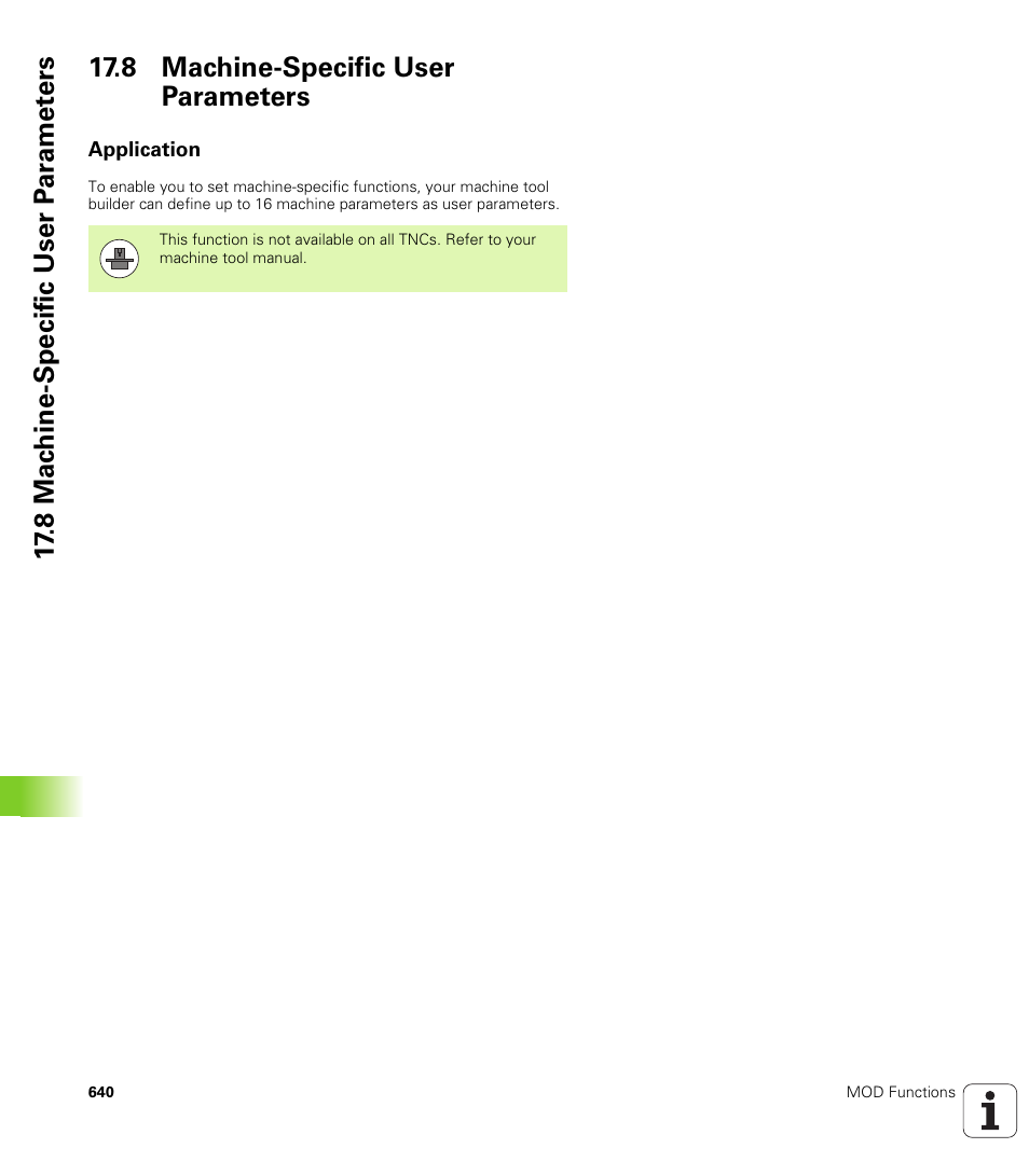 8 machine-specific user parameters, Application | HEIDENHAIN iTNC 530 (340 49x-06) User Manual | Page 640 / 713