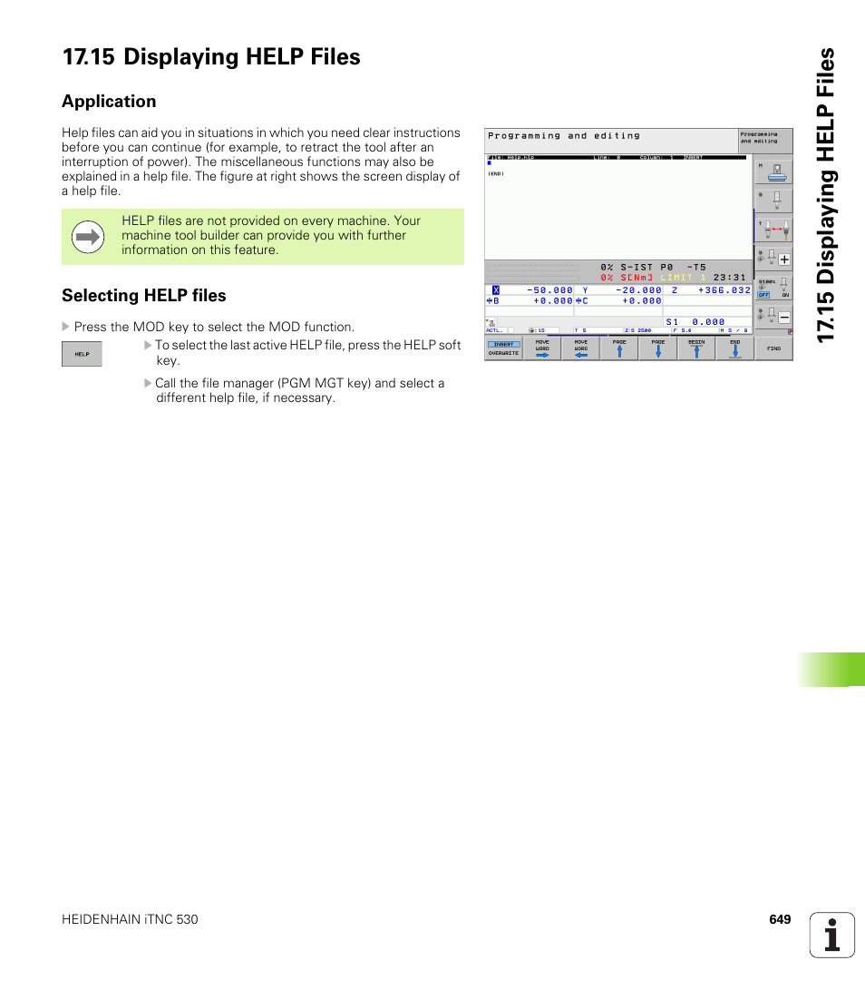 15 displaying help files, Application, Selecting help files | HEIDENHAIN iTNC 530 (340 49x-06) User Manual | Page 649 / 713