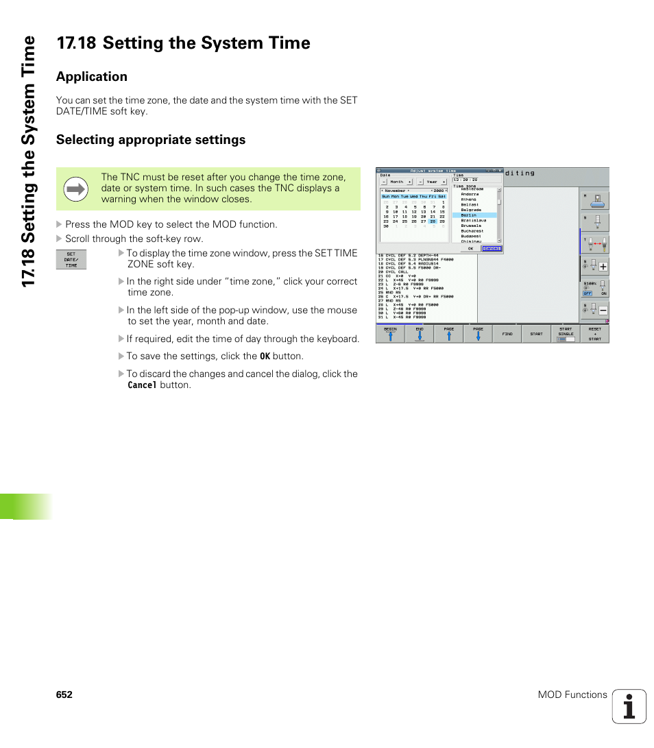 18 setting the system time, Application, Selecting appropriate settings | HEIDENHAIN iTNC 530 (340 49x-06) User Manual | Page 652 / 713