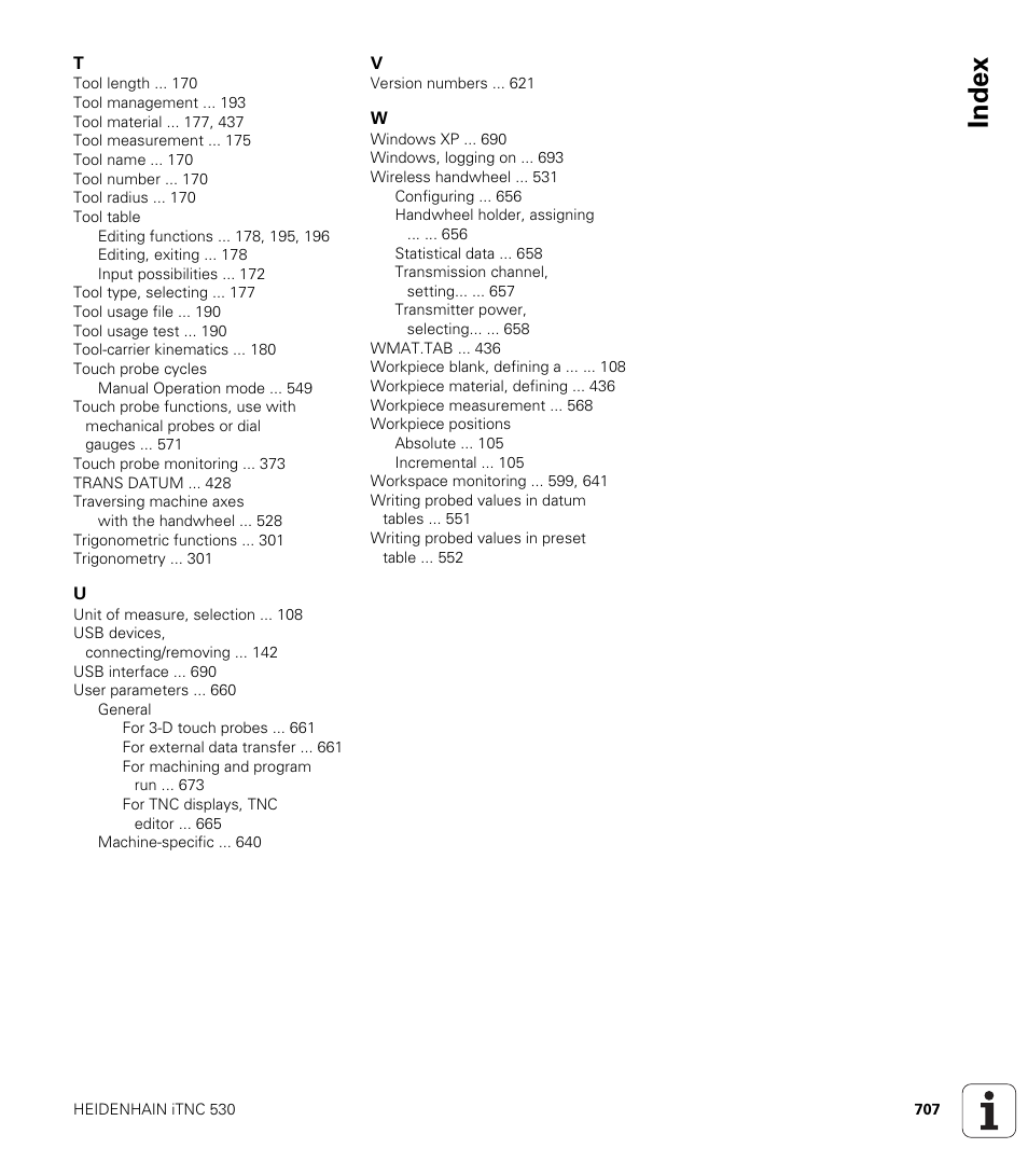 Index | HEIDENHAIN iTNC 530 (340 49x-06) User Manual | Page 707 / 713