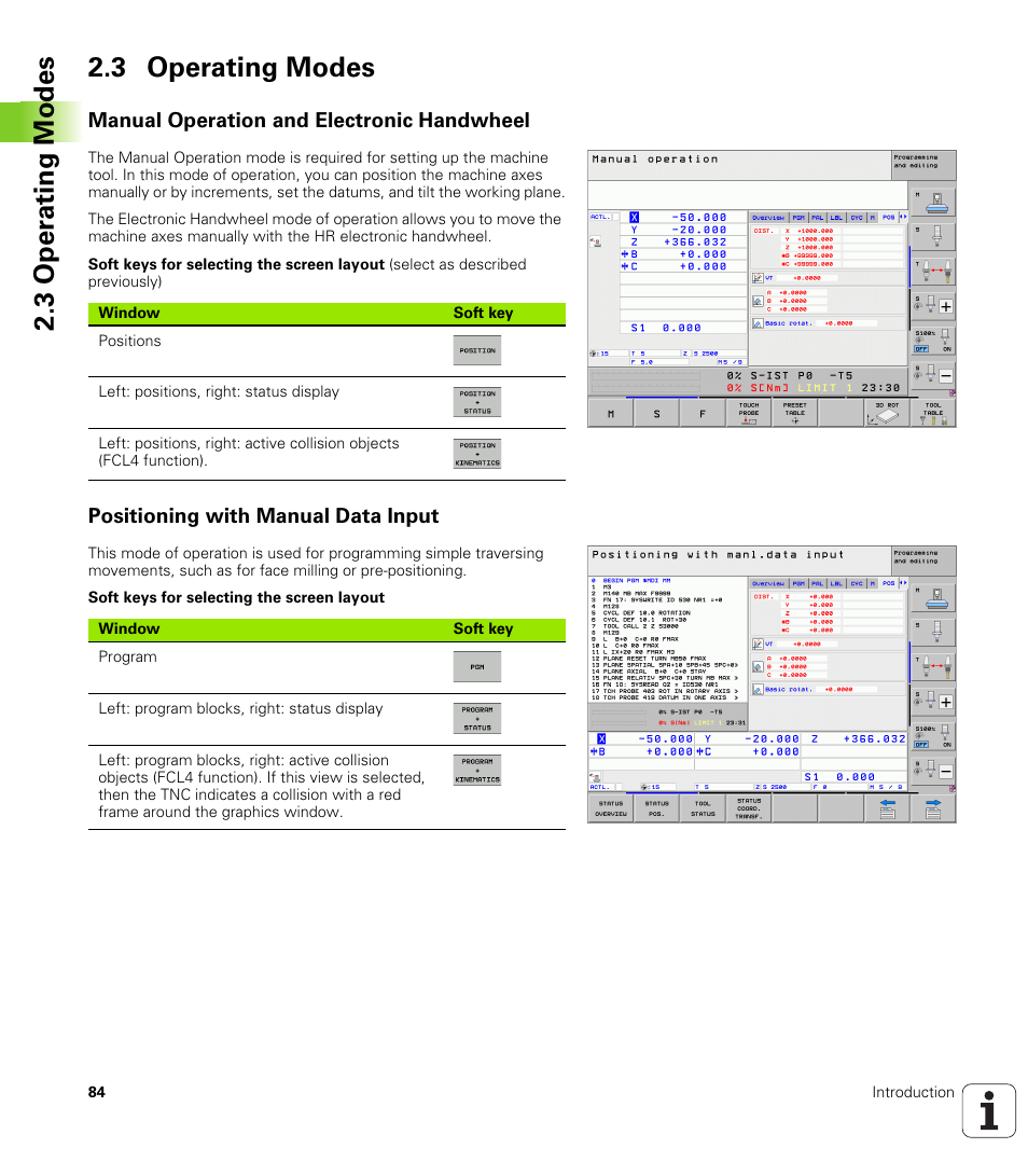3 operating modes, Manual operation and electronic handwheel, Positioning with manual data input | 3 oper ating modes 2.3 operating modes | HEIDENHAIN iTNC 530 (340 49x-06) User Manual | Page 84 / 713
