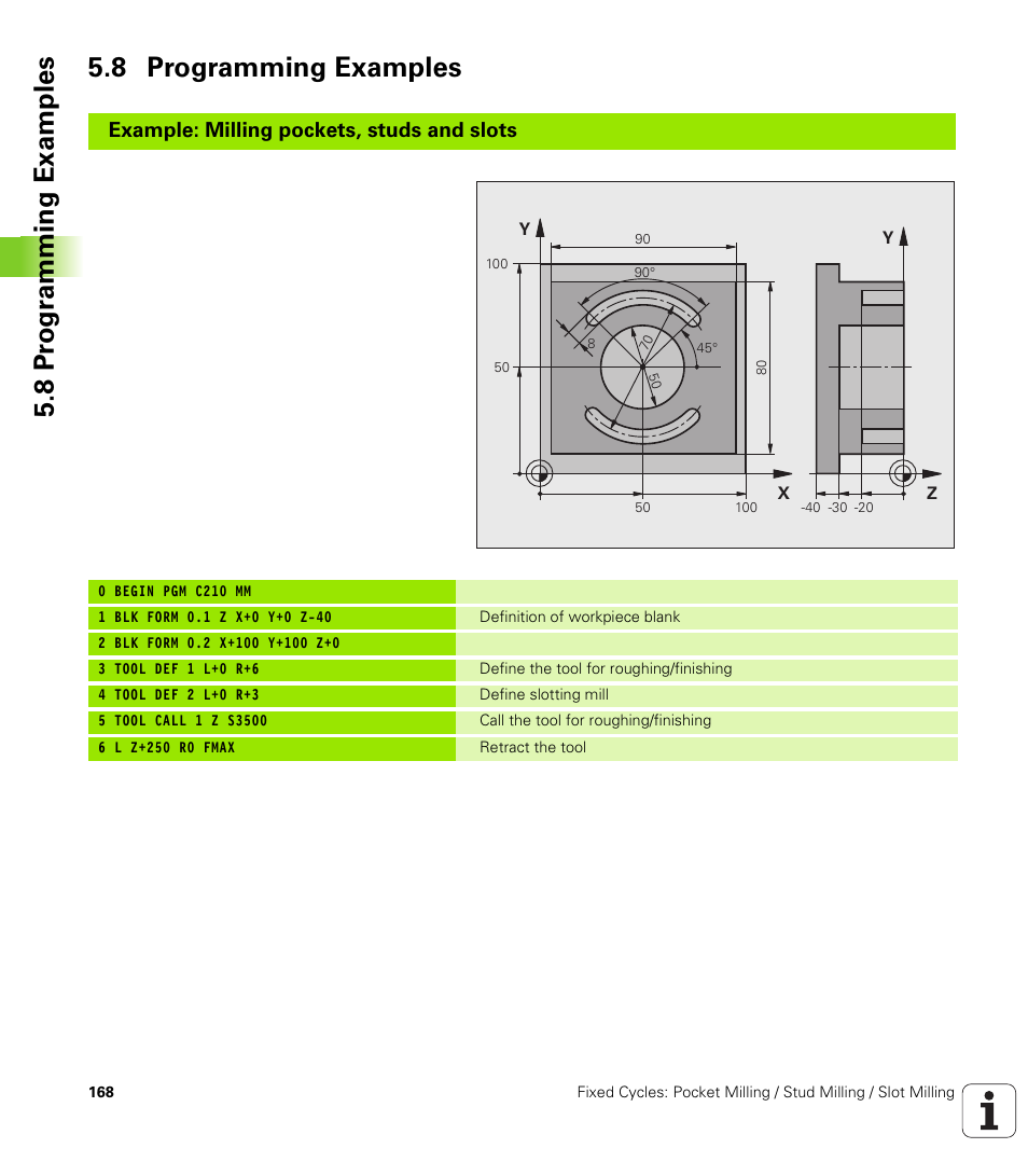 8 programming examples, 8 pr ogr amming examples 5.8 programming examples, Example: milling pockets, studs and slots | HEIDENHAIN iTNC 530 (340 49x-06) Cycle programming User Manual | Page 168 / 513