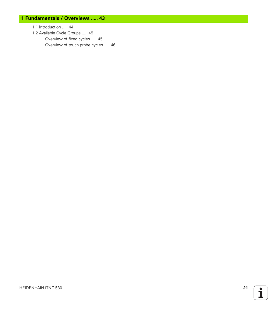 Fundamentals / overviews | HEIDENHAIN iTNC 530 (340 49x-06) Cycle programming User Manual | Page 21 / 513