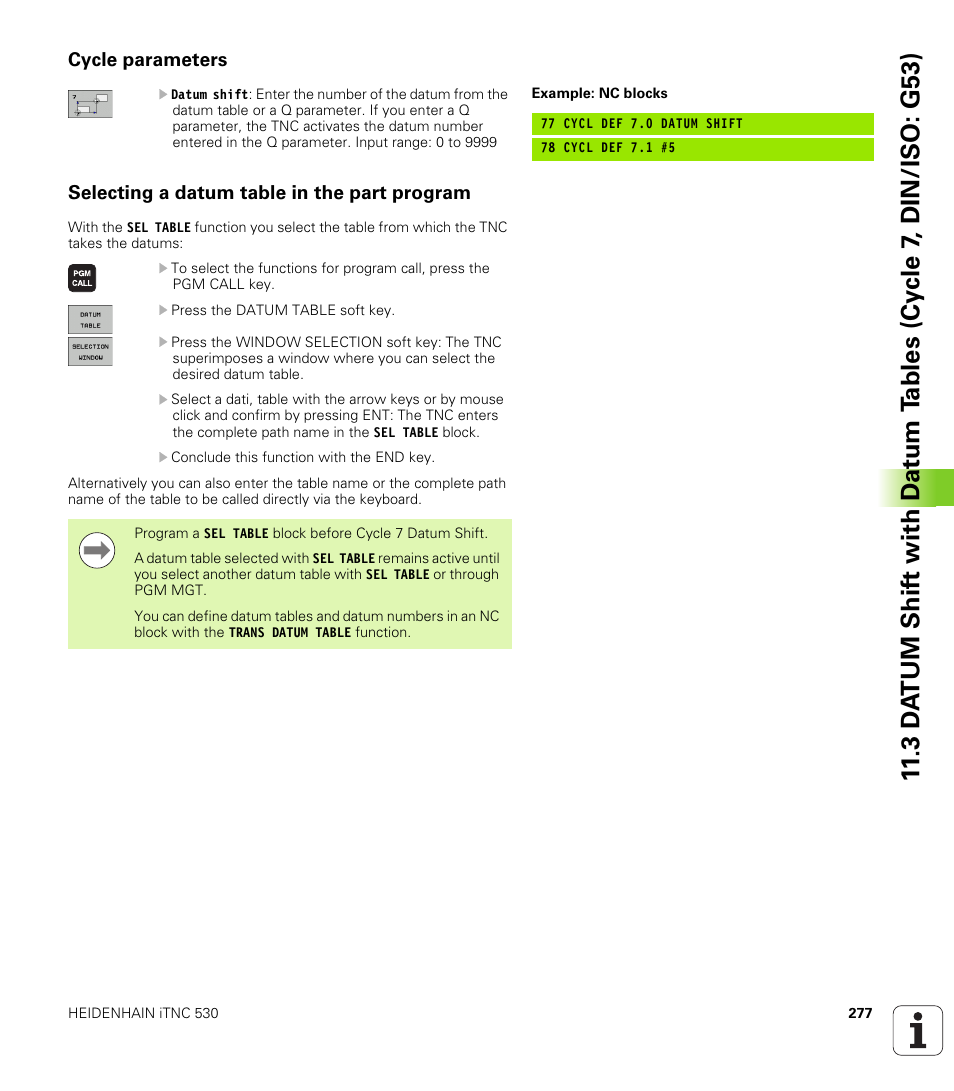 Cycle parameters, Selecting a datum table in the part program | HEIDENHAIN iTNC 530 (340 49x-06) Cycle programming User Manual | Page 277 / 513