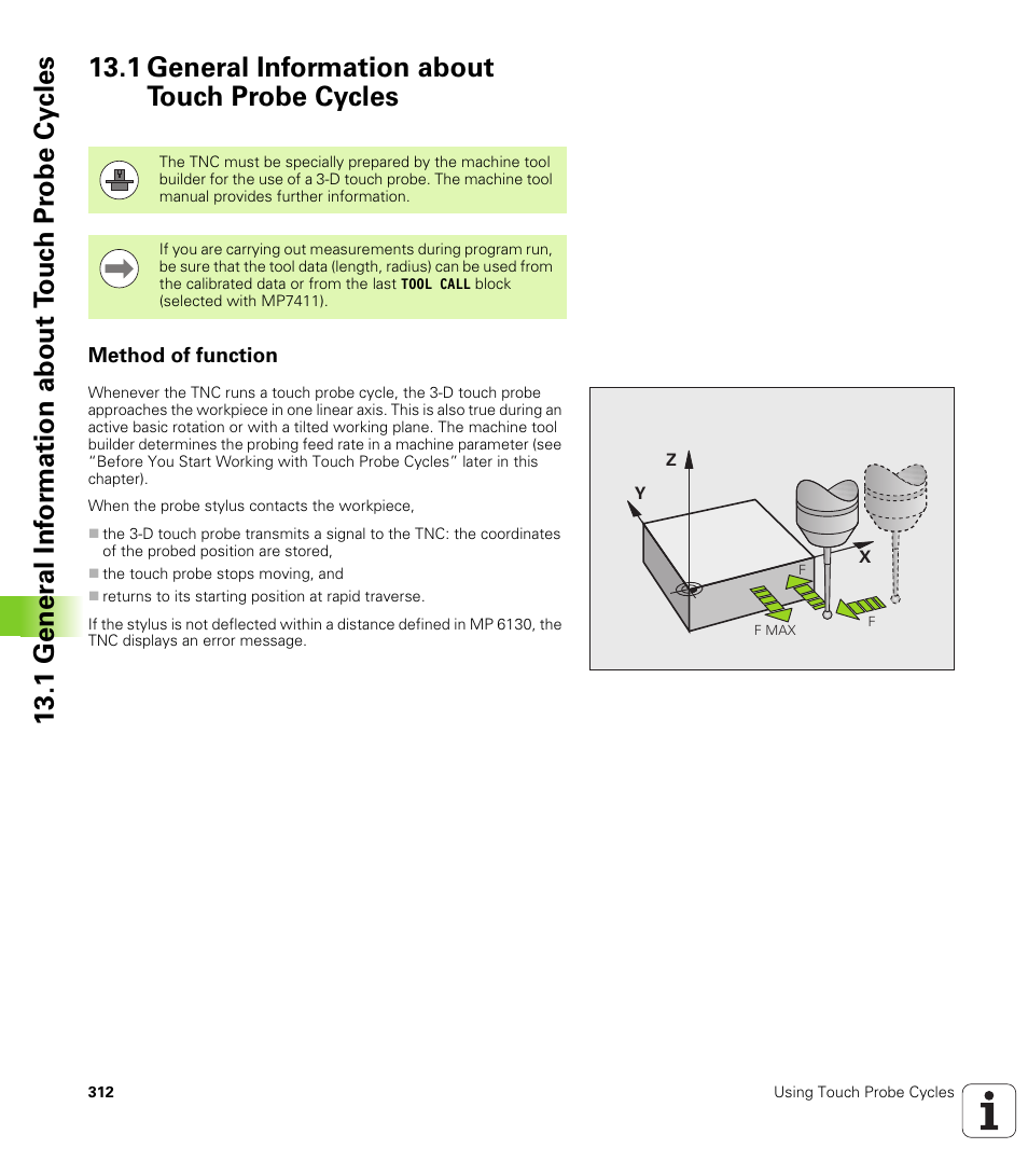 1 general information about touch probe cycles, Method of function | HEIDENHAIN iTNC 530 (340 49x-06) Cycle programming User Manual | Page 312 / 513